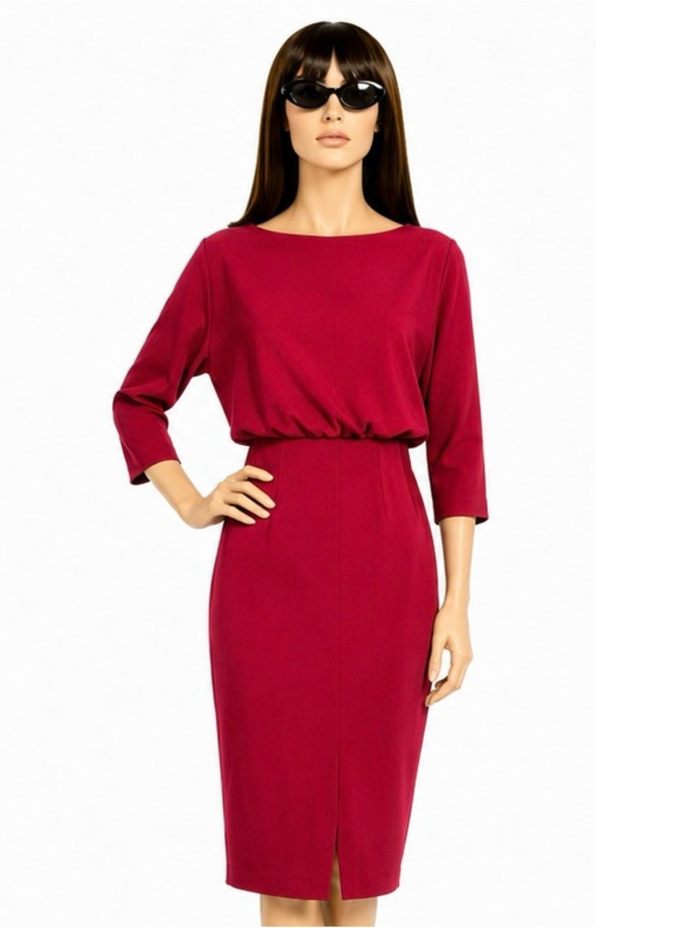 Badgley Mischka Red Boat Neck Blouson Sheath Dress Textured Knit Size XS